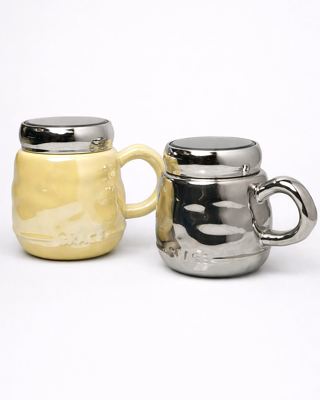 Gloss Finish Ceramic Mug with Metallic Lid – Cream & Silver 