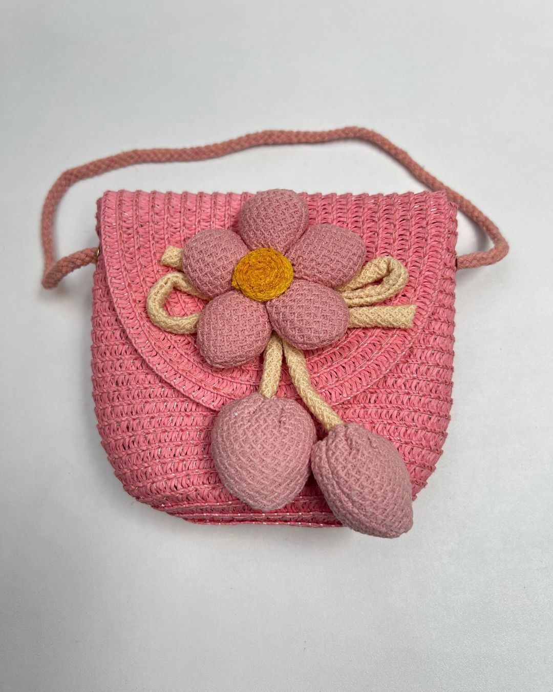 Girls Woven Crossbody Bag with 3D Flower Charm
