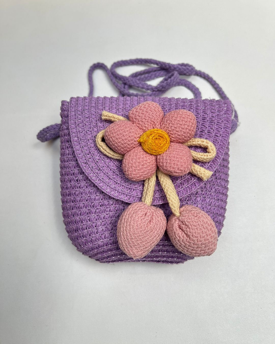 Girls Woven Crossbody Bag with 3D Flower Charm