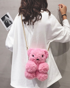 Plush Teddy Bear Mini Crossbody Bag with Gold Chain Strap