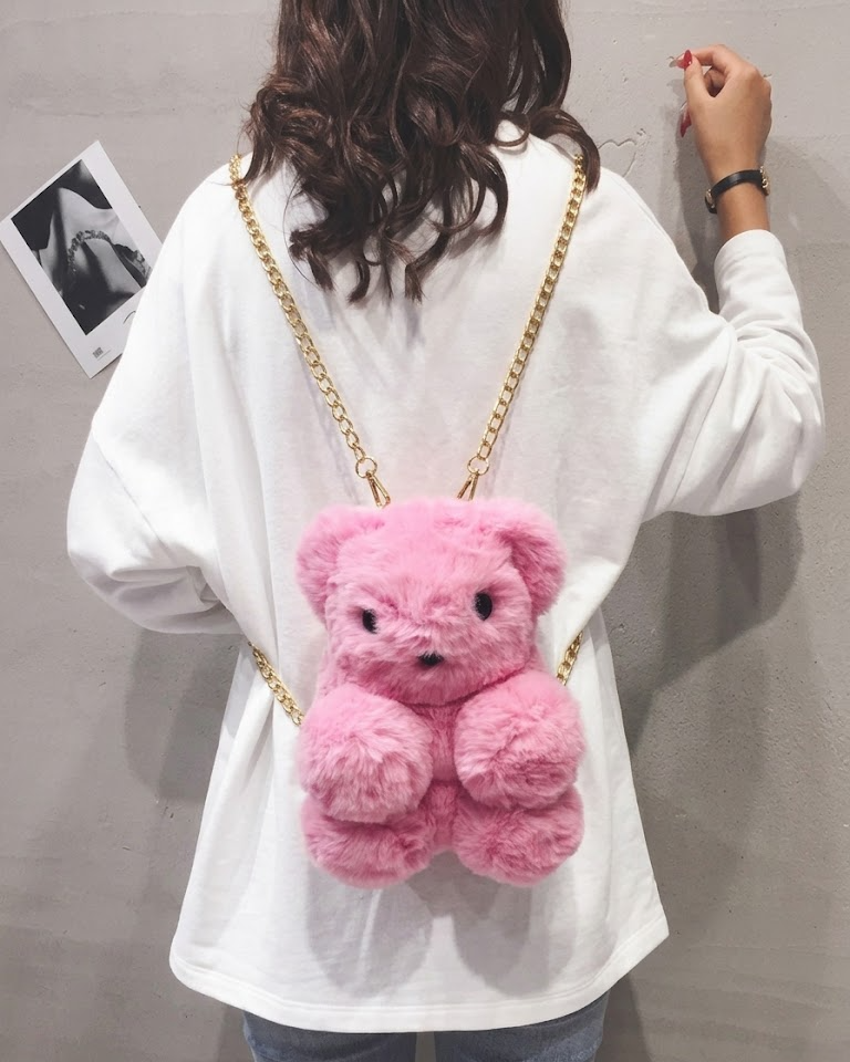 Plush Teddy Bear Mini Crossbody Bag with Gold Chain Strap