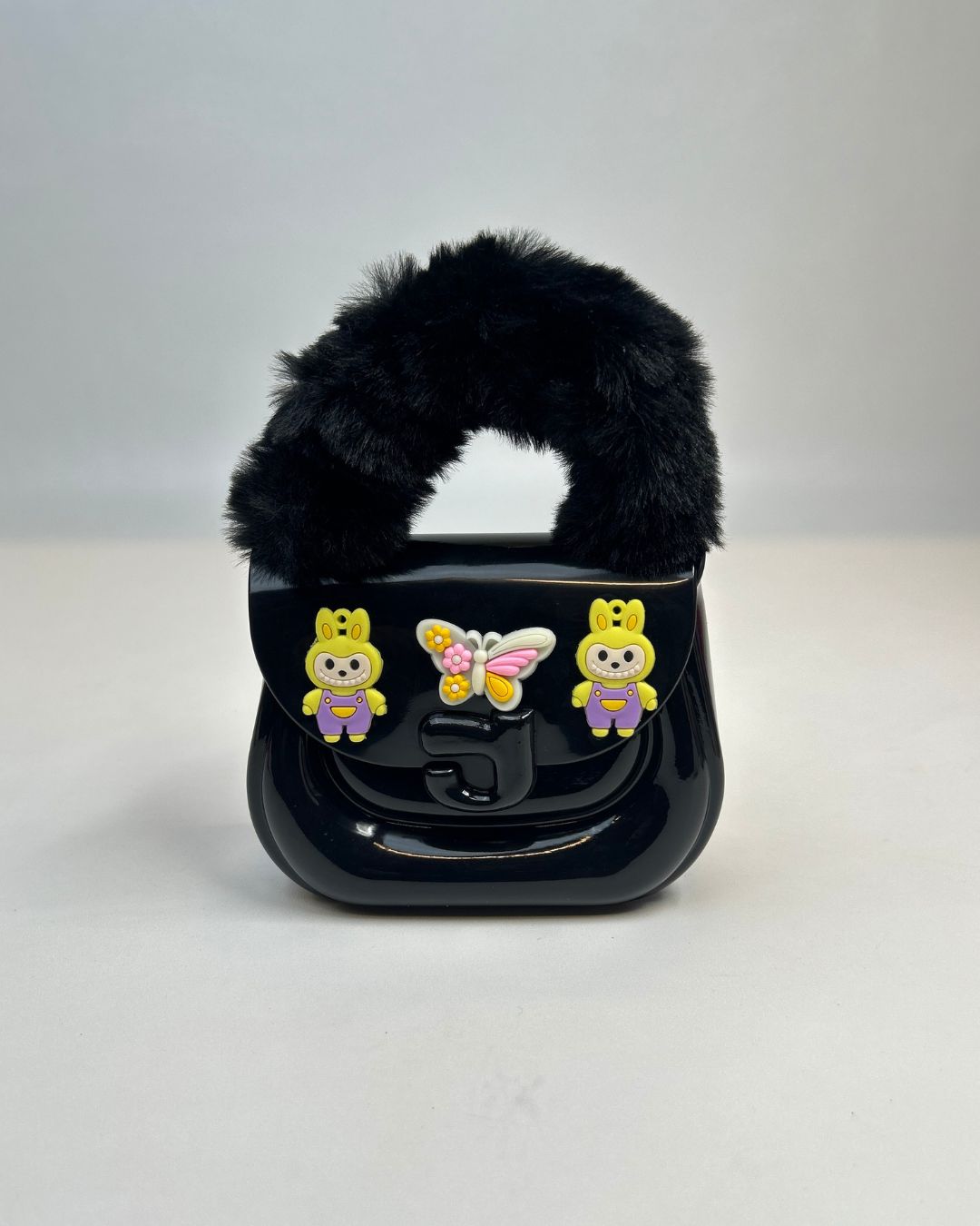 Faux Fur Handle Glossy Mini Handbag for Girls