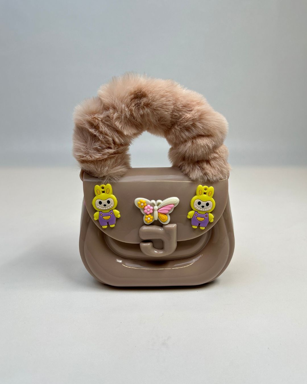 Faux Fur Handle Glossy Mini Handbag for Girls