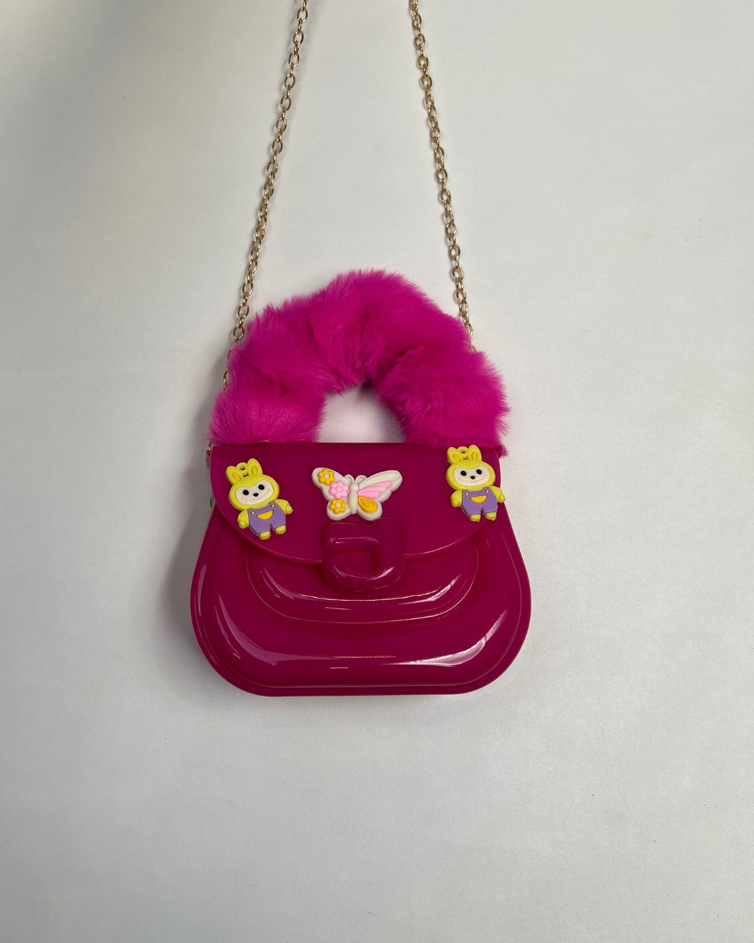 Faux Fur Handle Glossy Mini Handbag for Girls