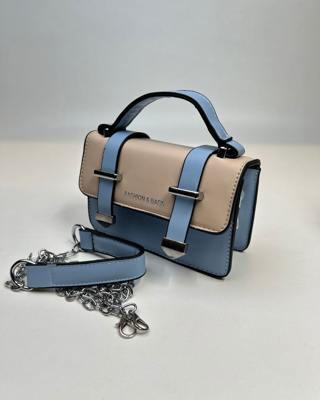 Two-Tone Mini Satchel Handbag with Buckle Strap Detail