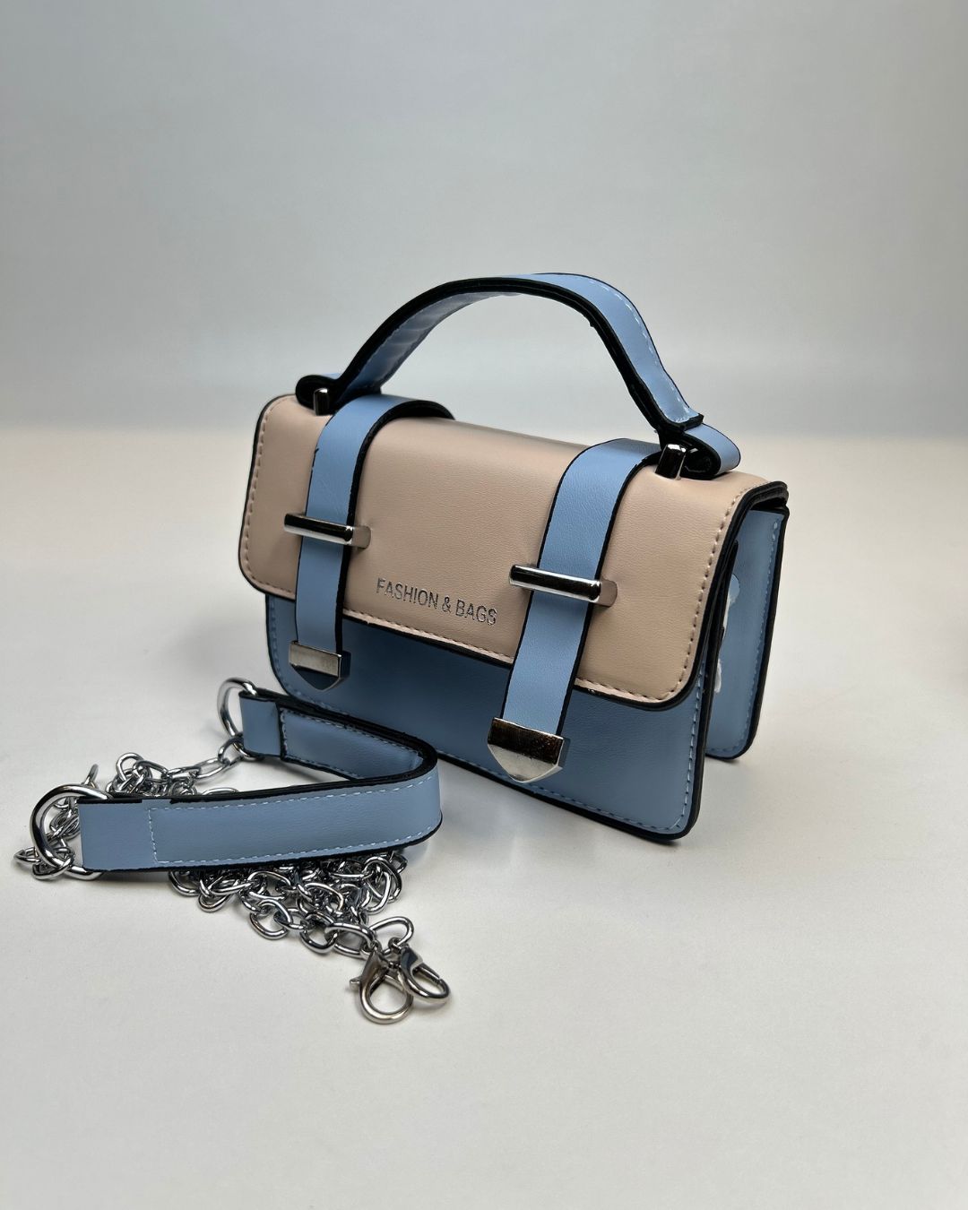 Two-Tone Mini Satchel Handbag with Buckle Strap Detail
