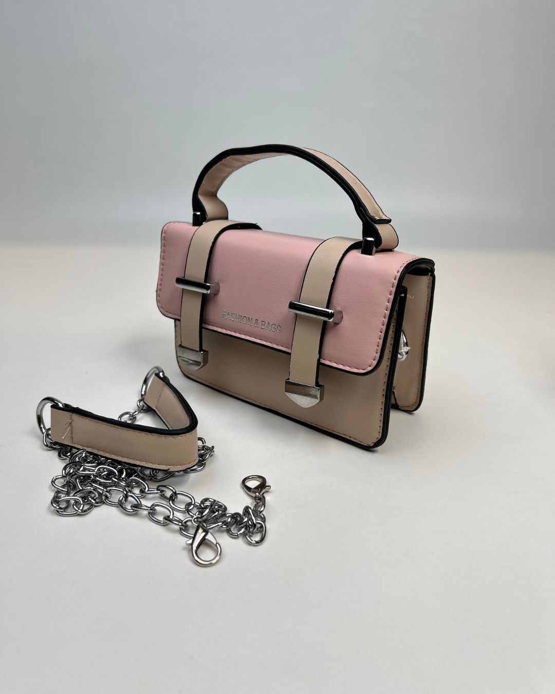 Two-Tone Mini Satchel Handbag with Buckle Strap Detail