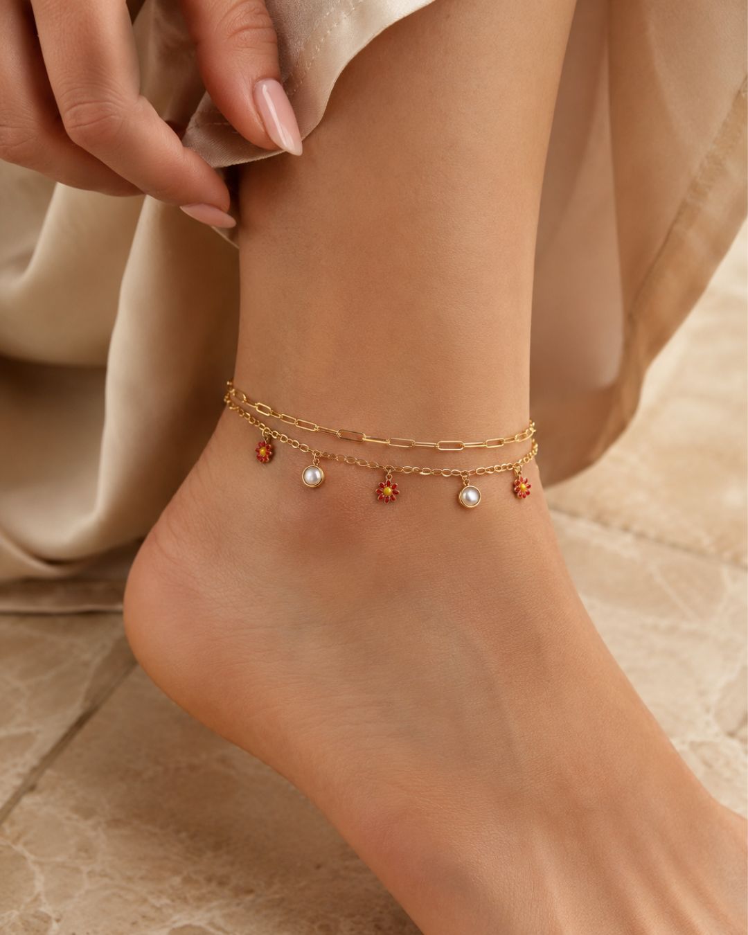 Gold-Tone Red Flower Pearl Charm Double-Layer Anklet