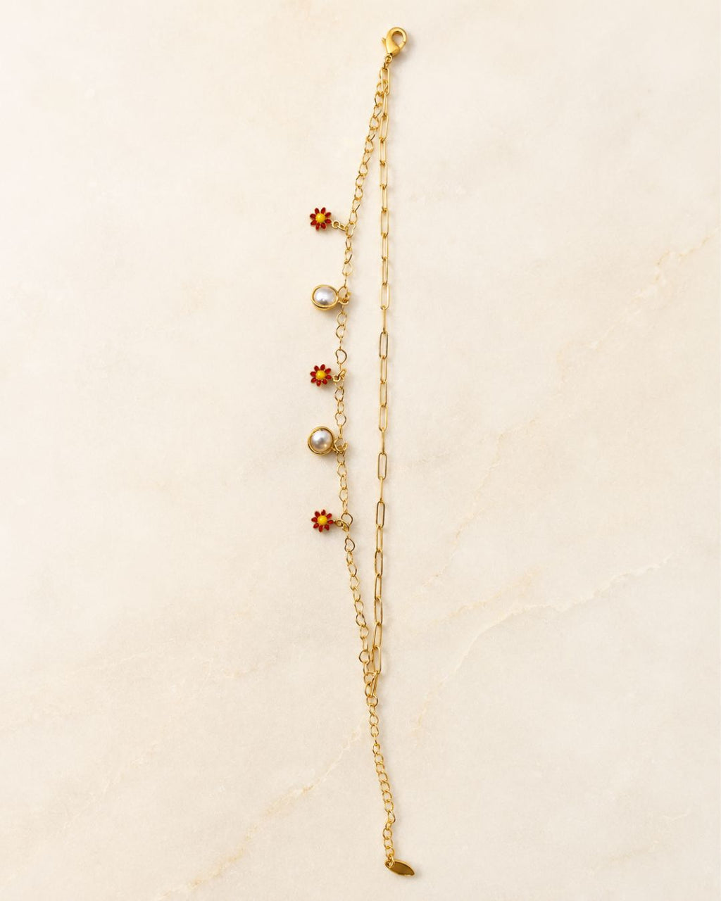 Gold-Tone Red Flower Pearl Charm Double-Layer Anklet