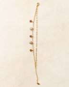 Gold-Tone Red Flower Pearl Charm Double-Layer Anklet