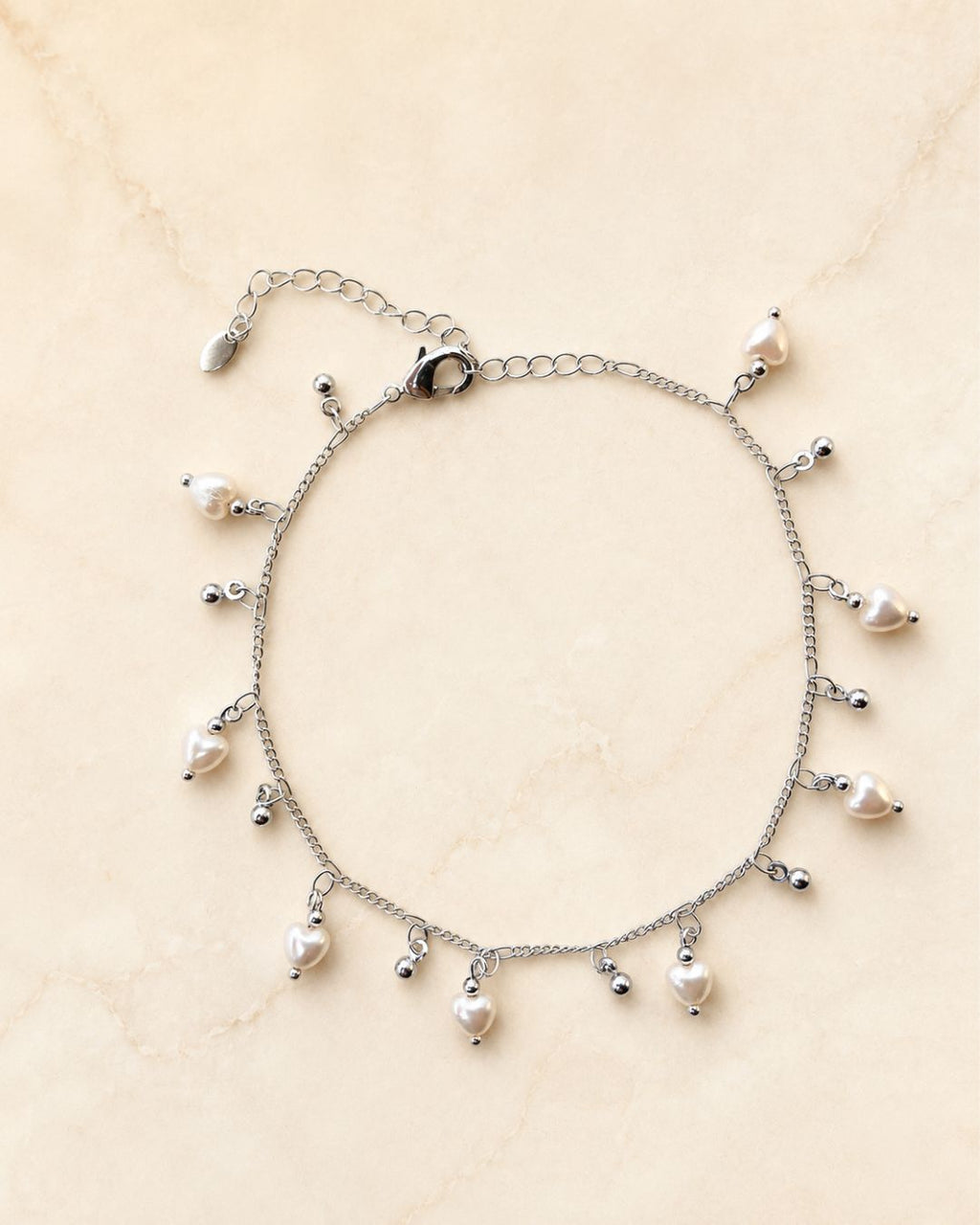 Silver Pearl Heart Charm Anklet