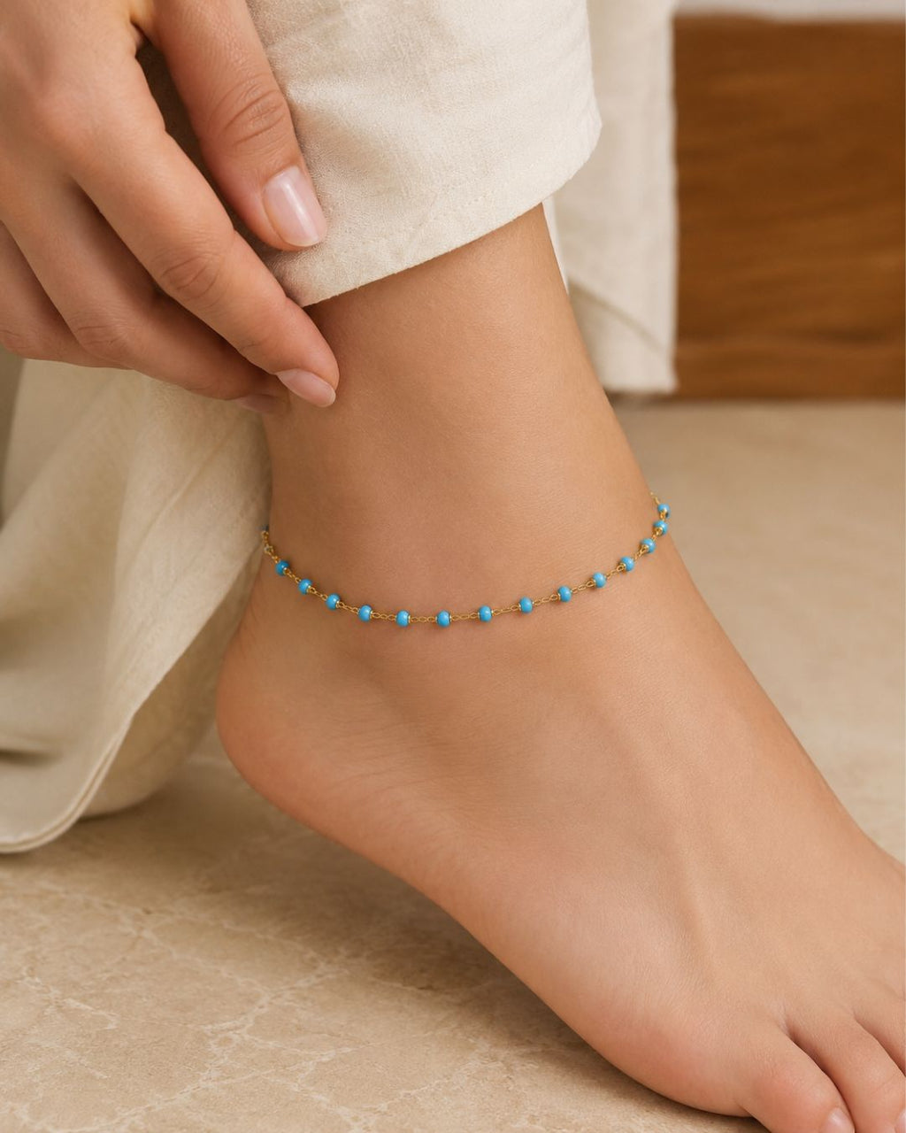 Gold Blue Beaded Chain Anklet for Women