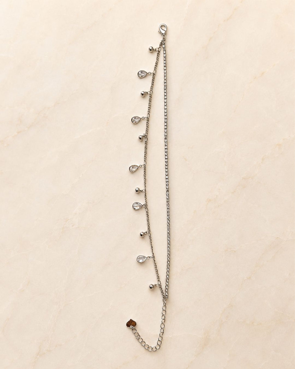 Silver Crystal Teardrop Layered Anklet for Women