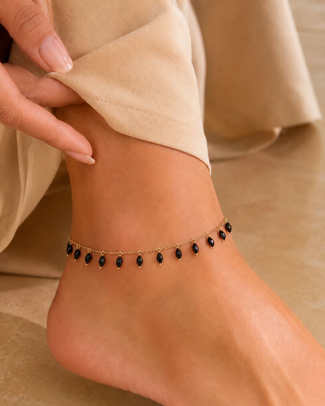 Gold Beaded Drop Chain Anklet for Women