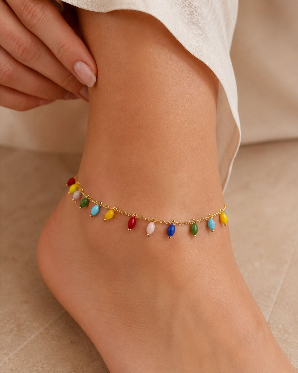 Gold Beaded Drop Chain Anklet for Women