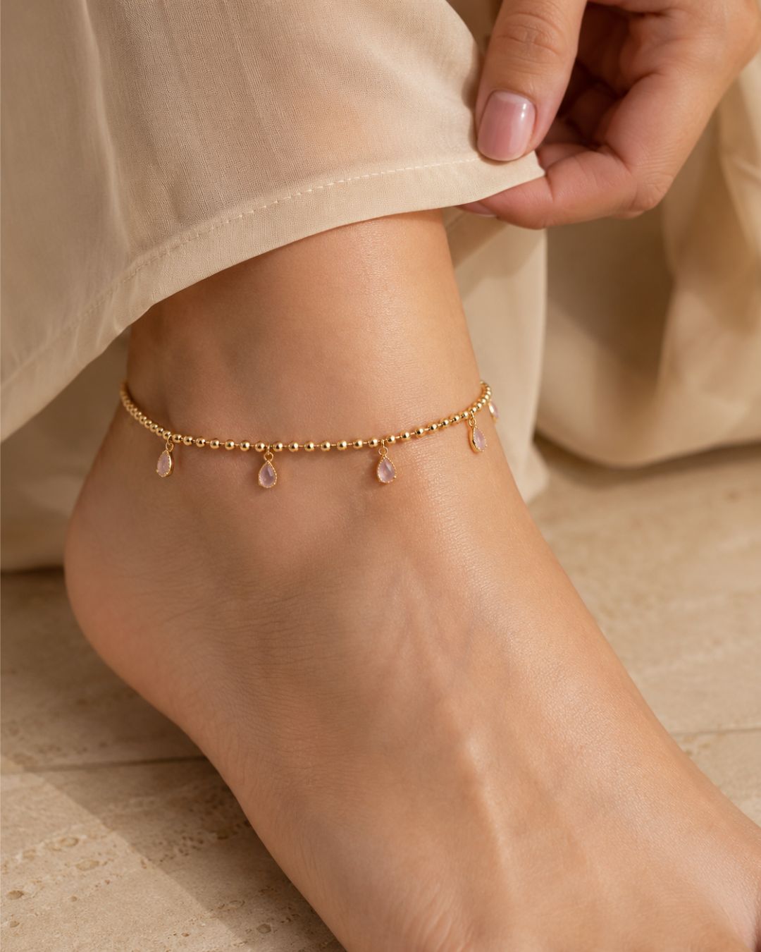 Gold Bead Chain Teardrop Charm Anklet for Women