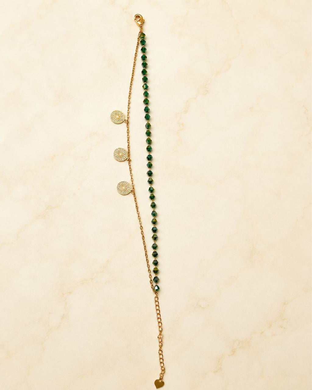 Gold Green Beaded Double Layer Coin Charm Anklet