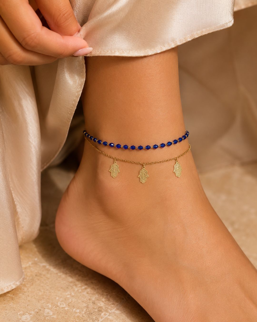 Gold Blue Beaded Hamsa Charm Double Layer Anklet