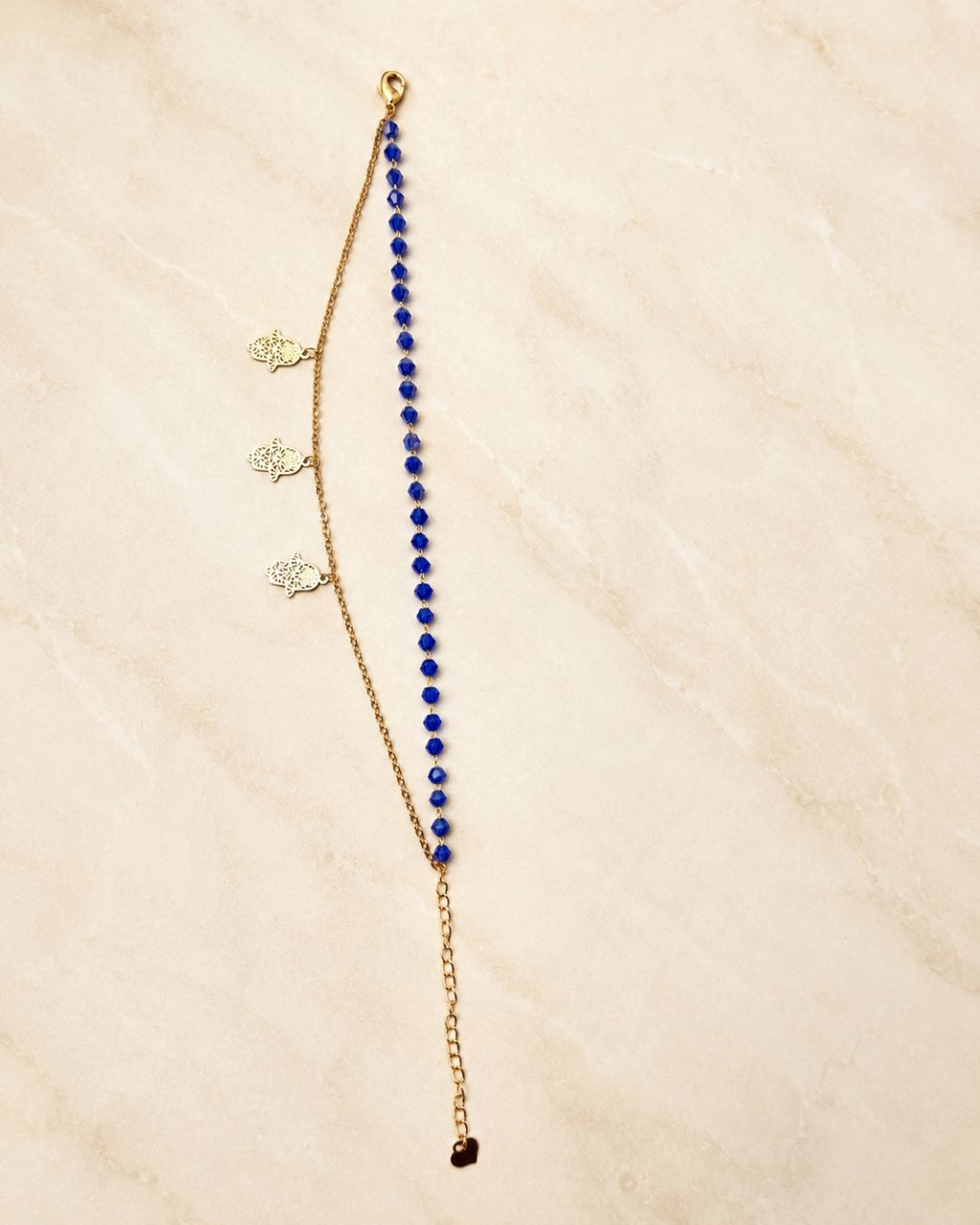 Gold Blue Beaded Hamsa Charm Double Layer Anklet