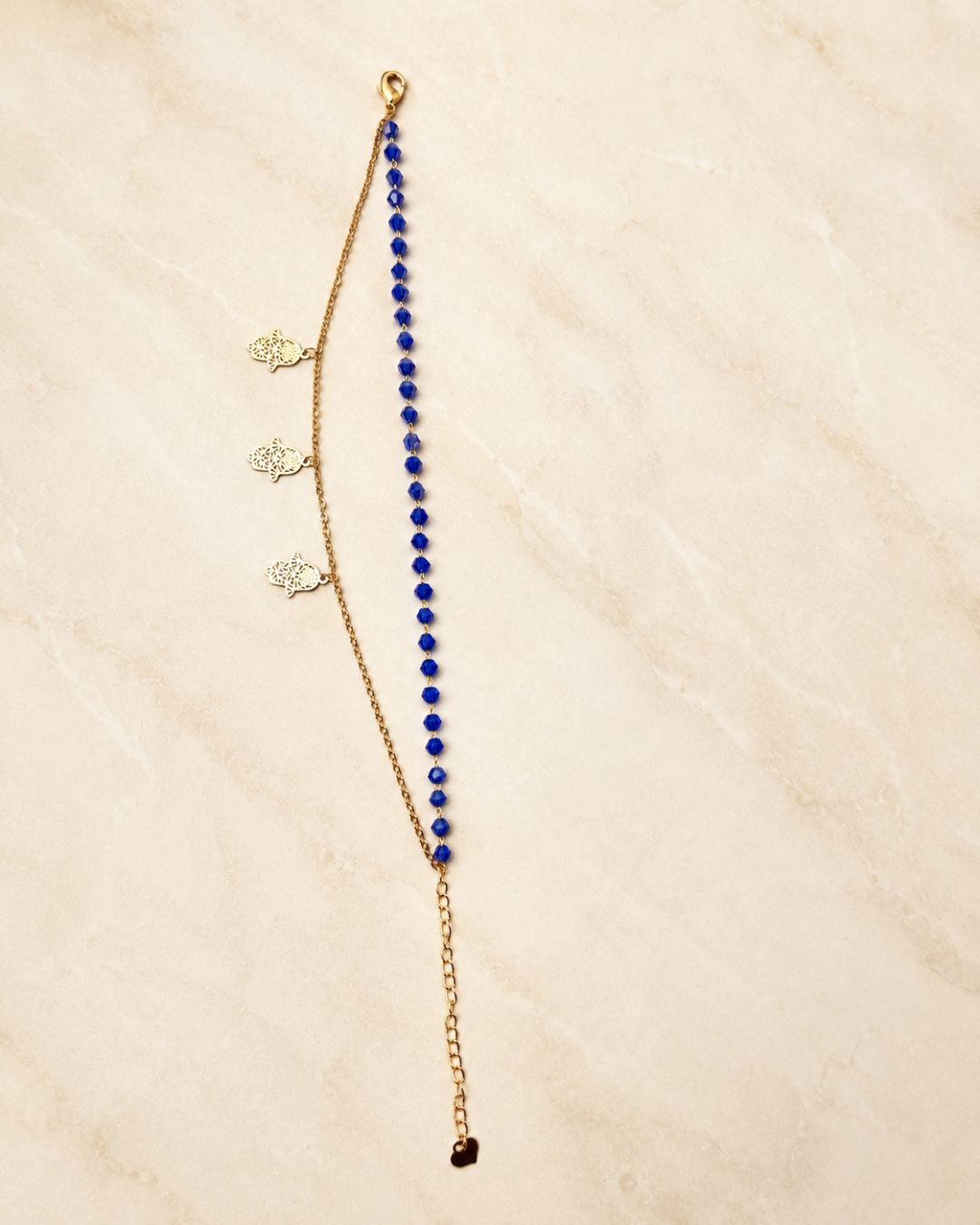 Gold Blue Beaded Hamsa Charm Double Layer Anklet