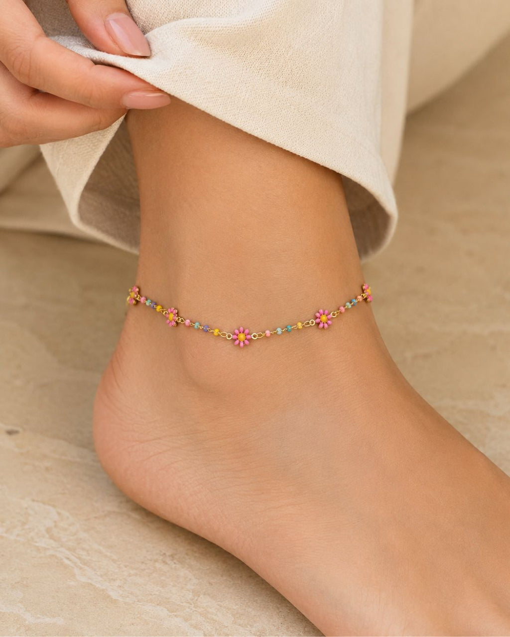 Gold Multicolor Floral Bead Anklet