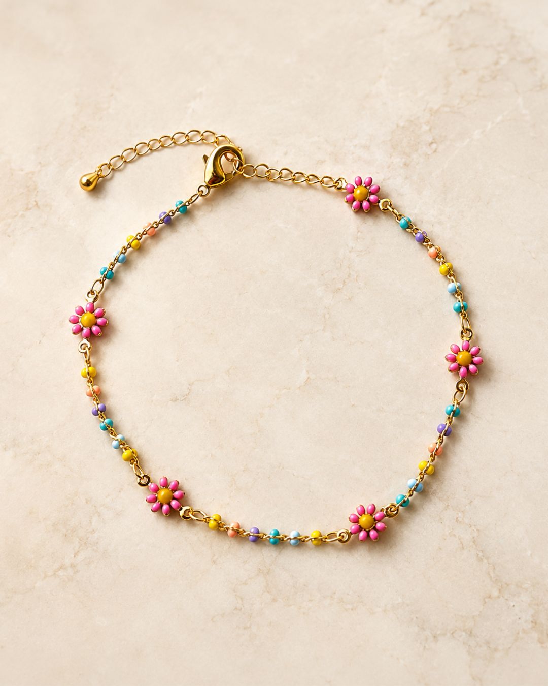 Gold Multicolor Floral Bead Anklet