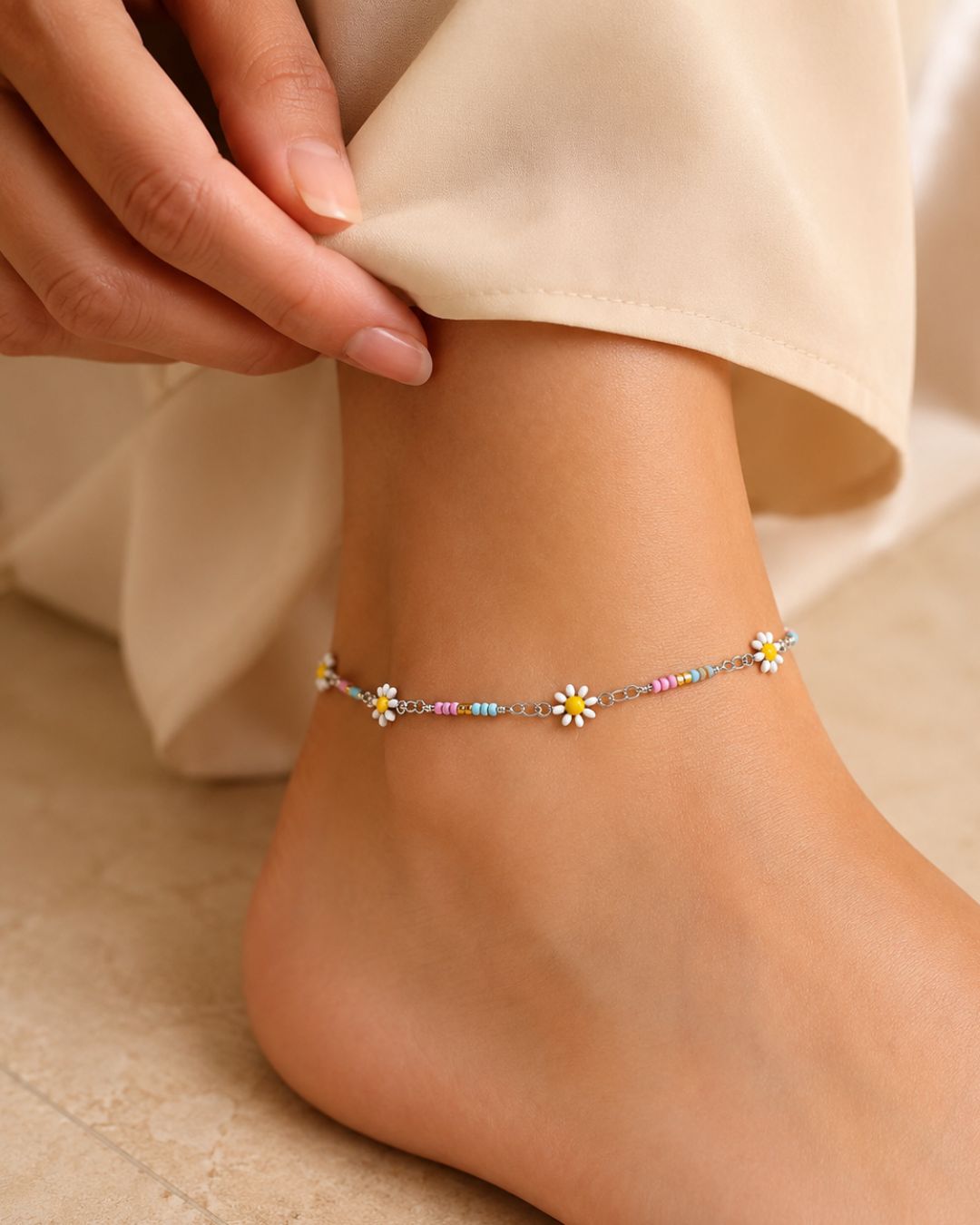 Silver Multicolor Daisy Bead Anklet