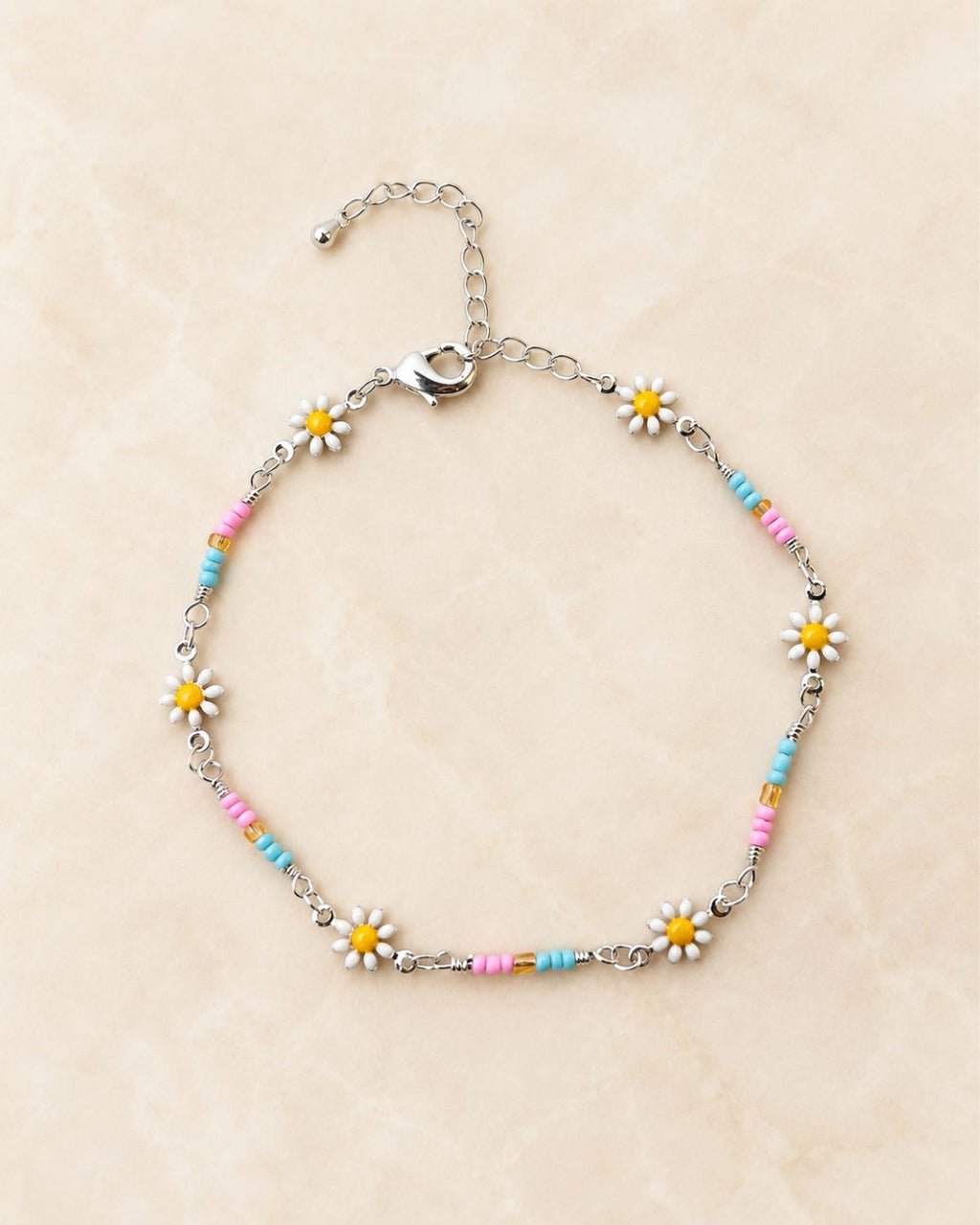 Silver Multicolor Daisy Bead Anklet