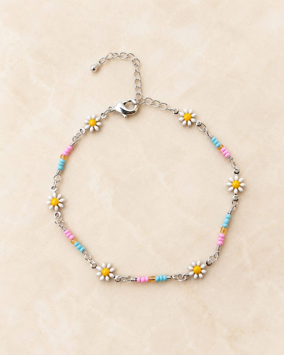 Silver Multicolor Daisy Bead Anklet