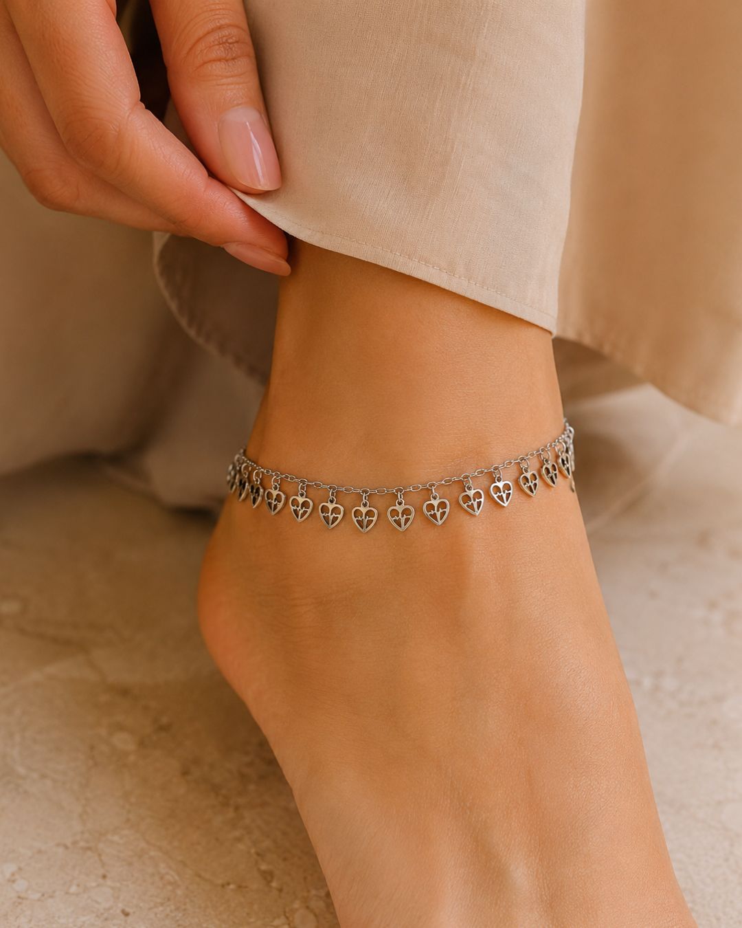 Silver Heart Charm Anklet for Women