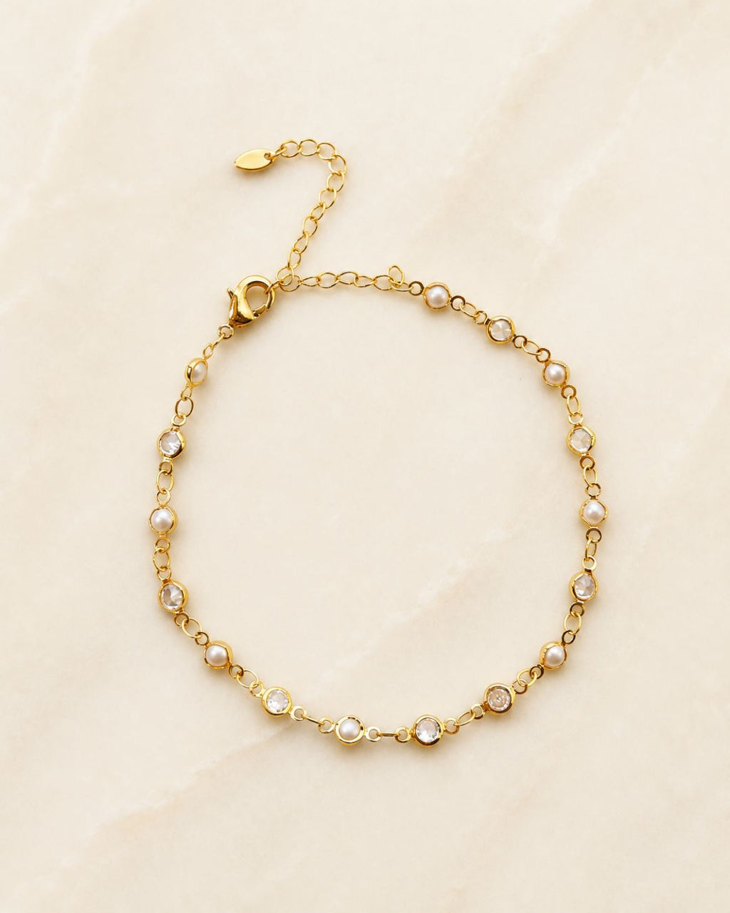 Gold Pearl & Crystal Station Anklet for Women