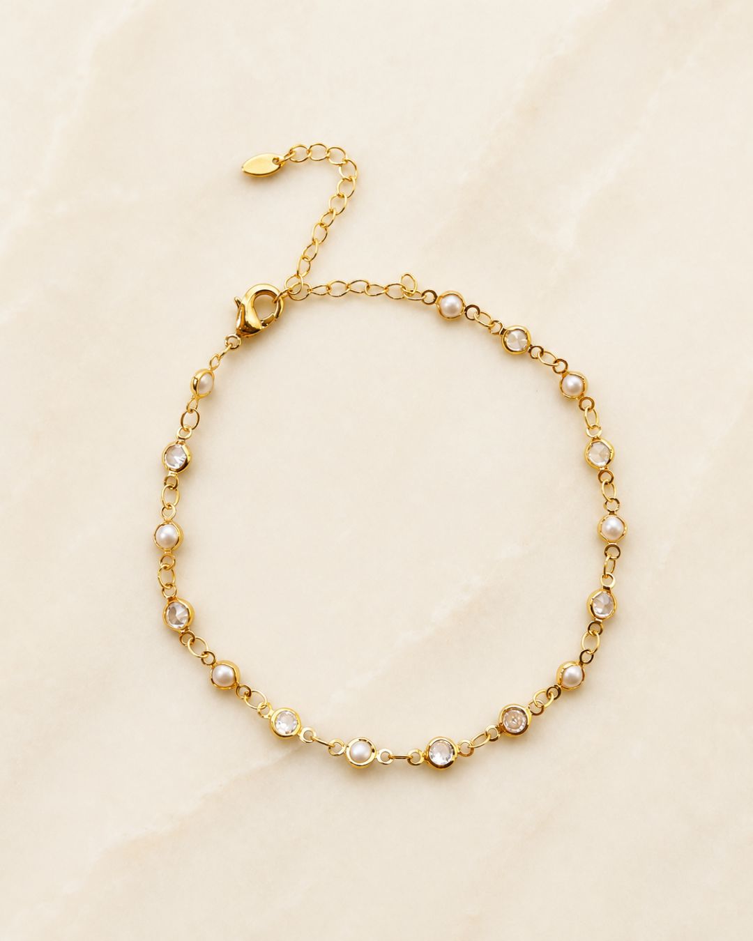 Gold Pearl & Crystal Station Anklet for Women