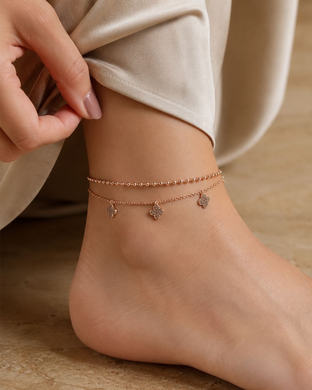 Gold Double Layer Clover Charm Anklet for Women