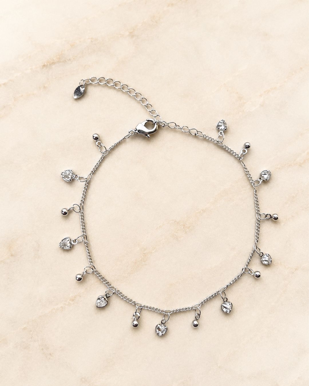 Silver Heart Crystal Dangle Anklet for Women