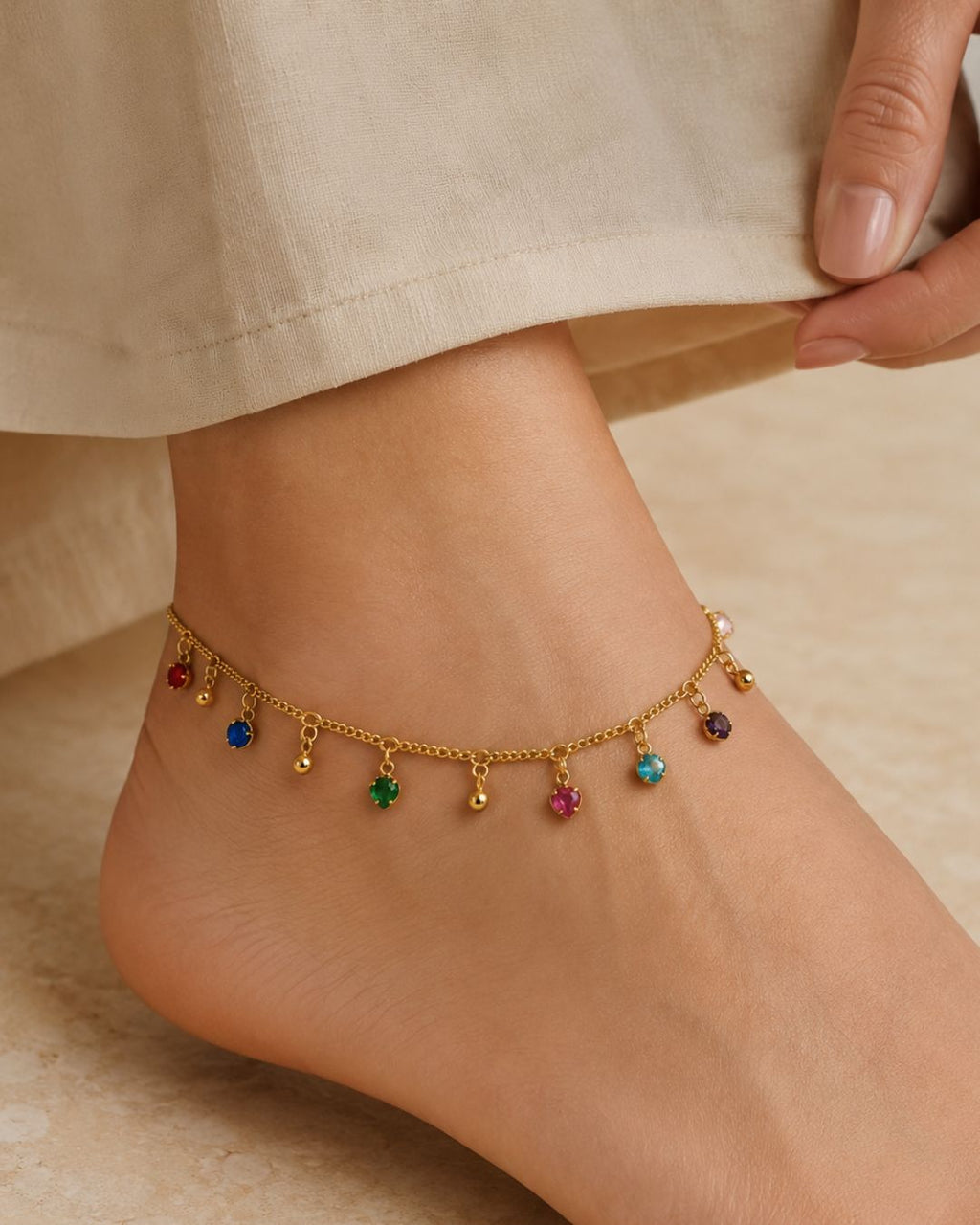 Gold Round Crystal Dangle Anklet for Women