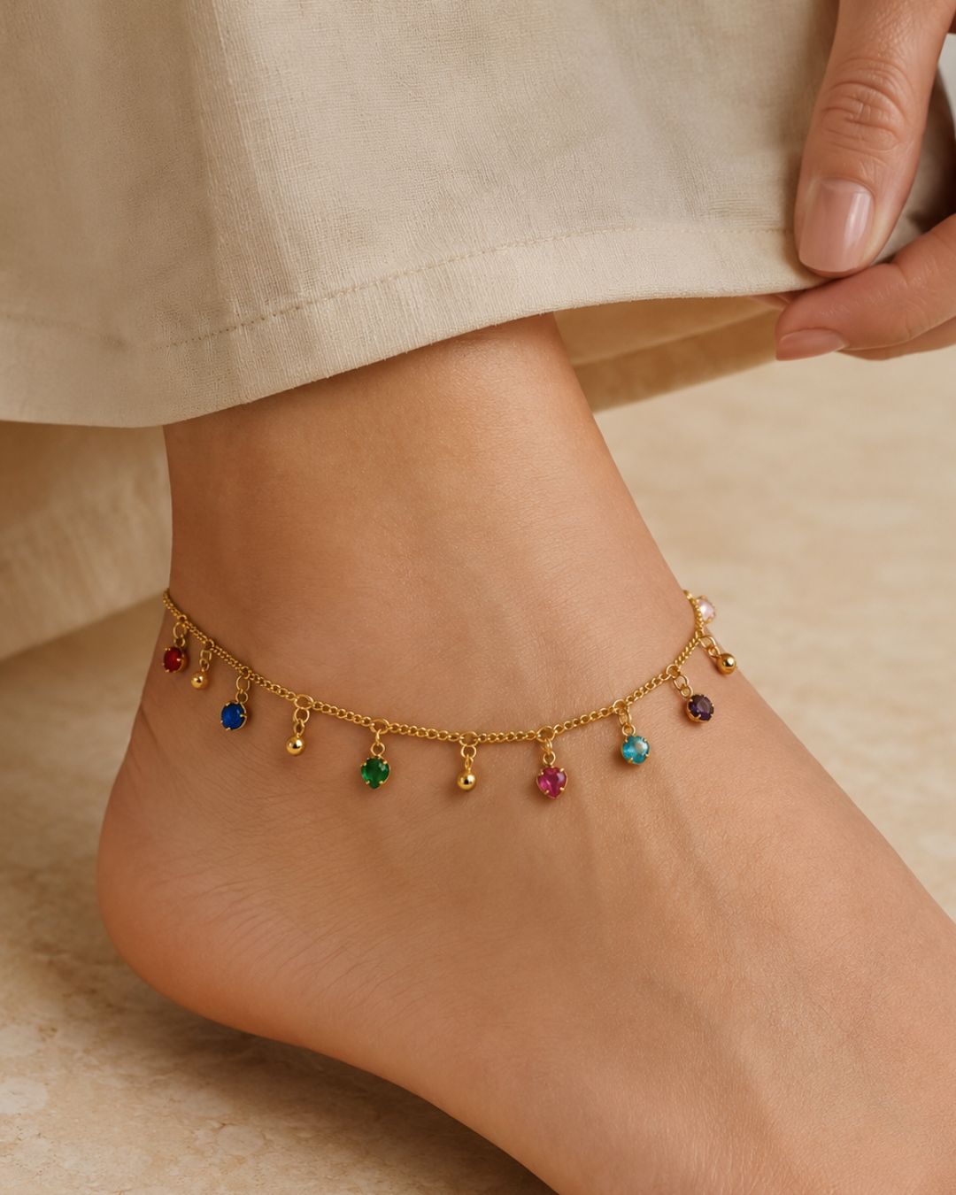 Gold Round Crystal Dangle Anklet for Women