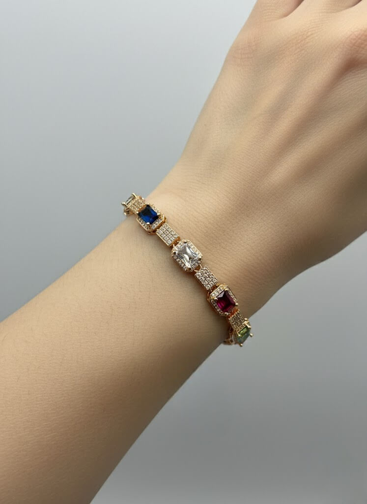 Multicolor Stone Link Bracelet with Pavé Details