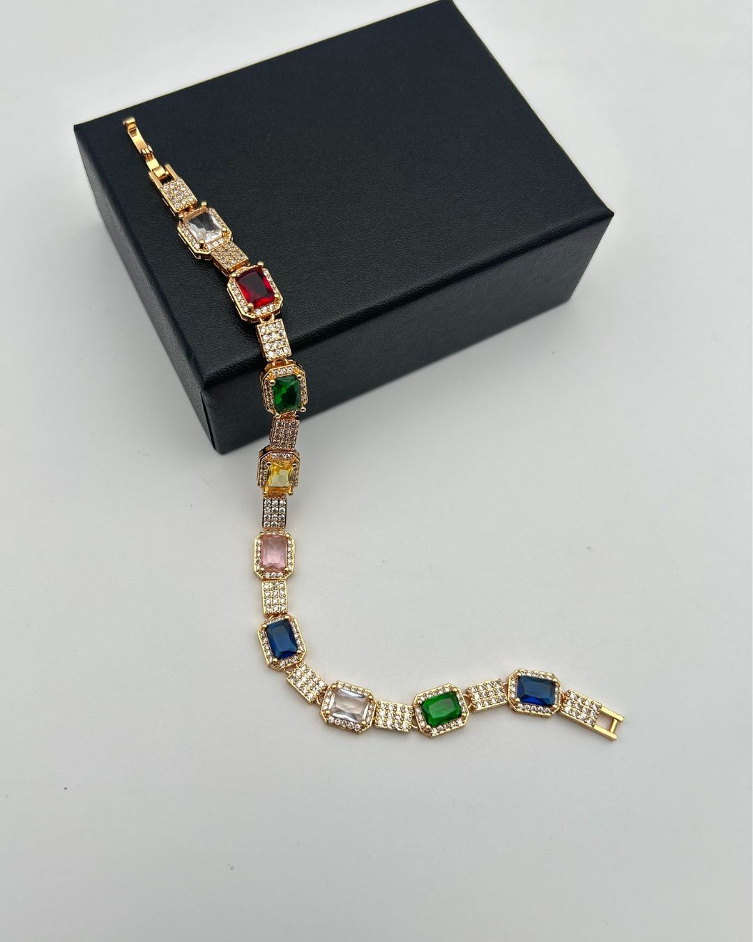 Multicolor Stone Link Bracelet with Pavé Details