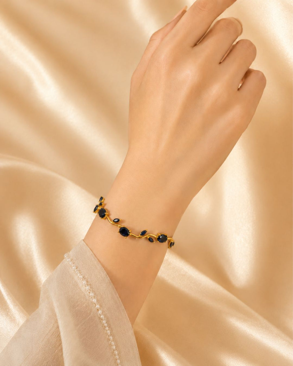 Gold Tone Tulip Crystal Bracelet with Floral Vine Design