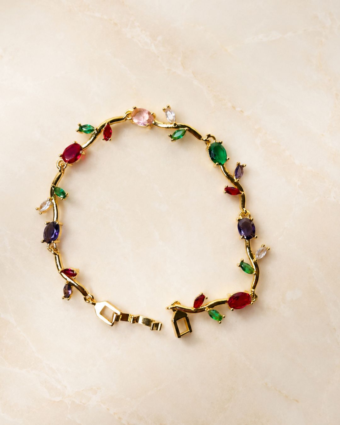 Gold Tone Tulip Crystal Bracelet with Floral Vine Design