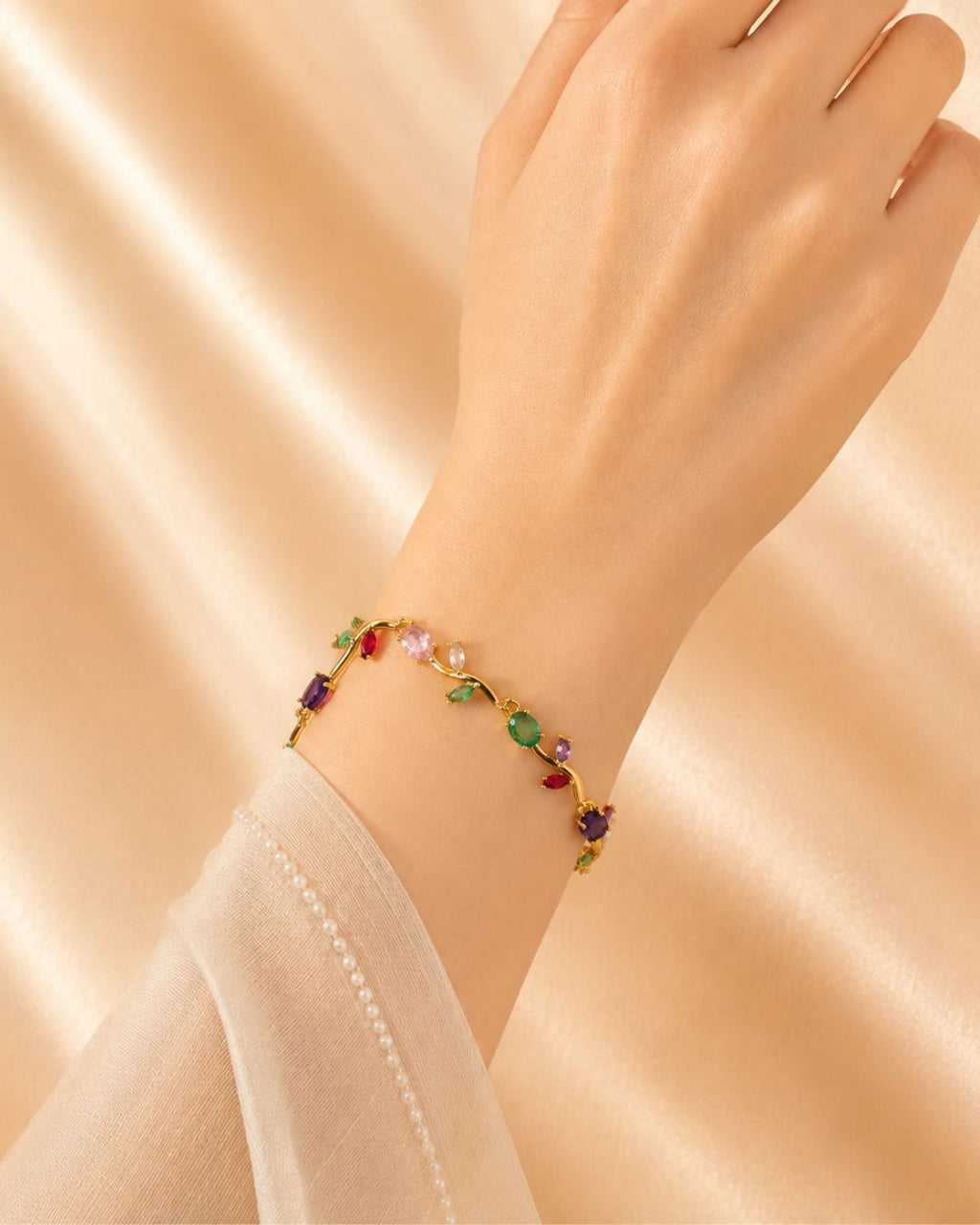 Gold Tone Tulip Crystal Bracelet with Floral Vine Design