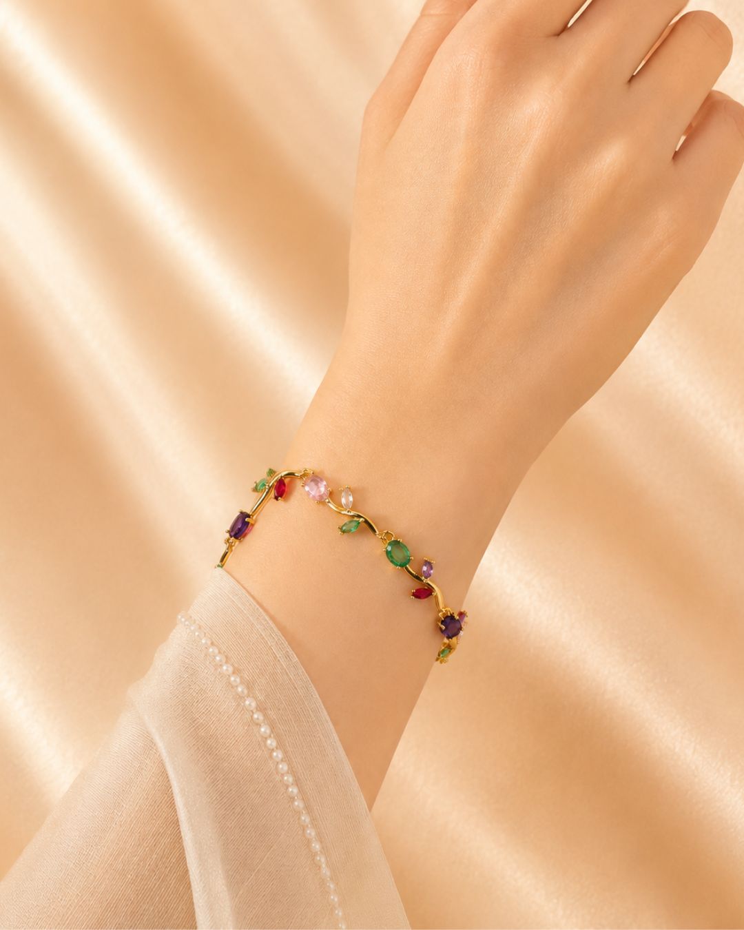 Gold Tone Tulip Crystal Bracelet with Floral Vine Design