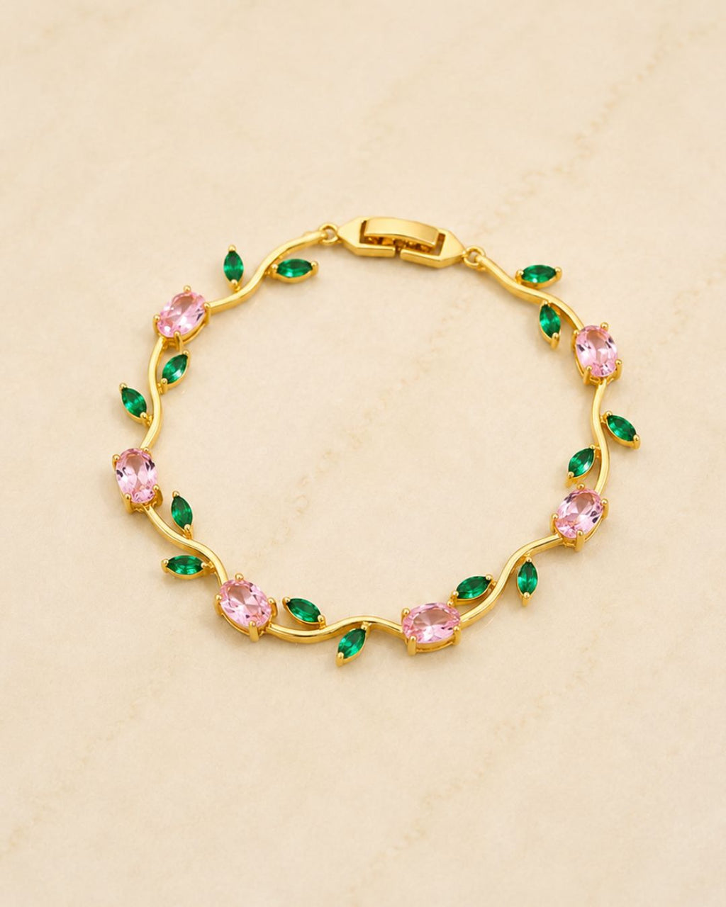 Gold Tone Tulip Crystal Bracelet with Floral Vine Design