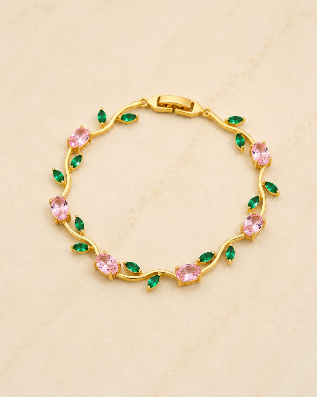 Gold Tone Tulip Crystal Bracelet with Floral Vine Design