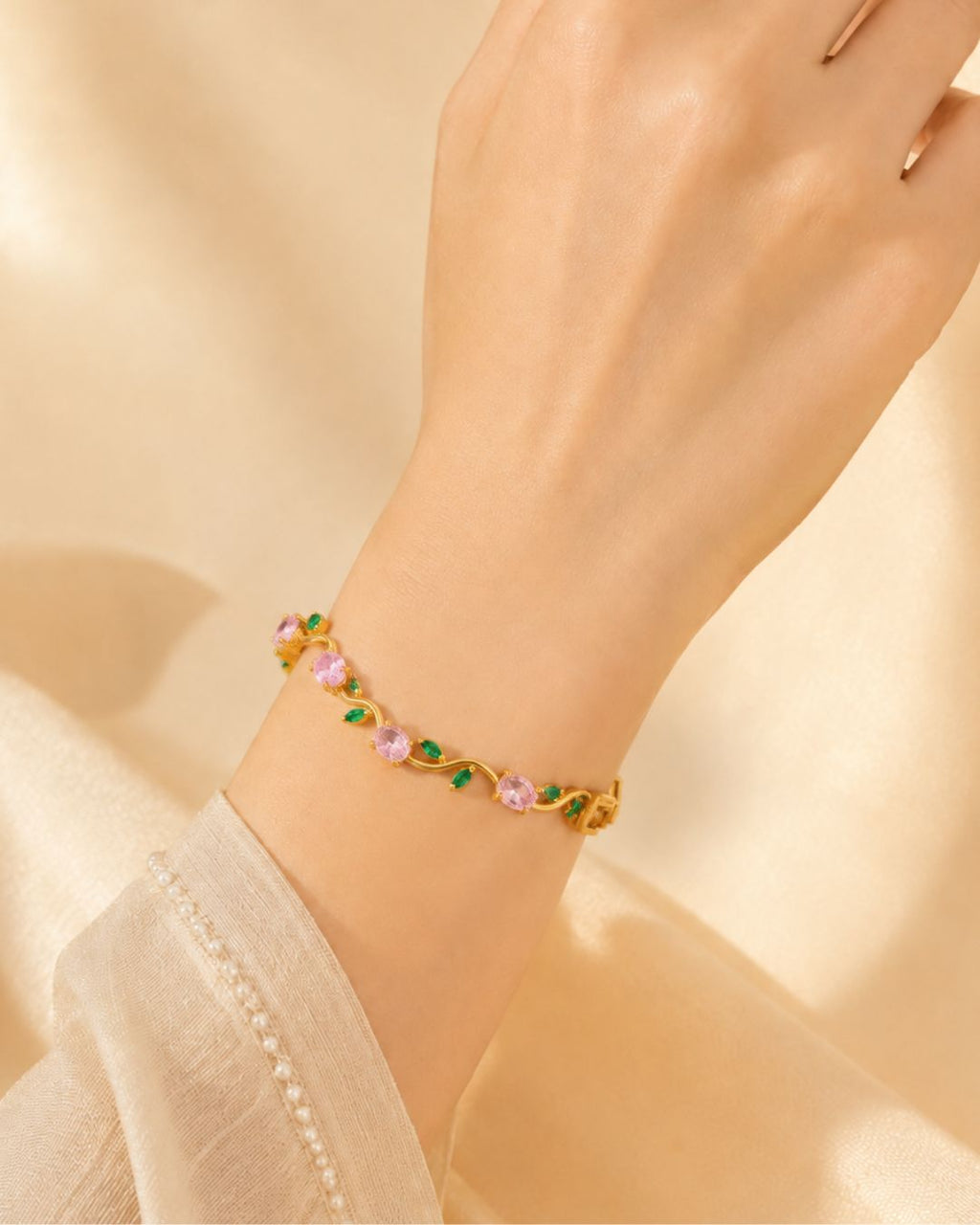 Gold Tone Tulip Crystal Bracelet with Floral Vine Design