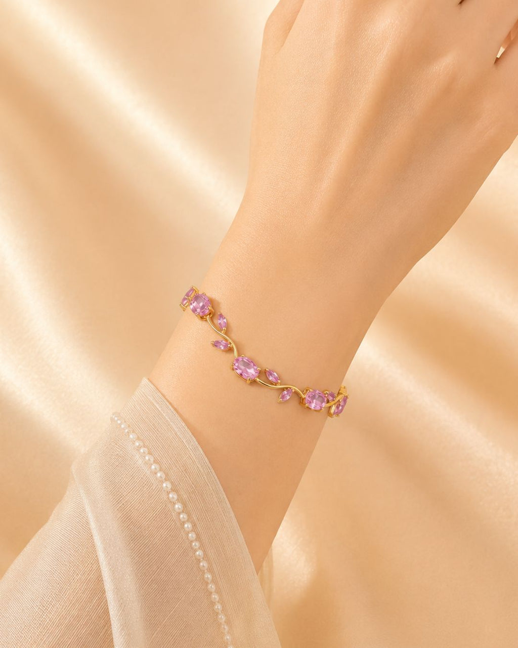 Gold Tone Tulip Crystal Bracelet with Floral Vine Design