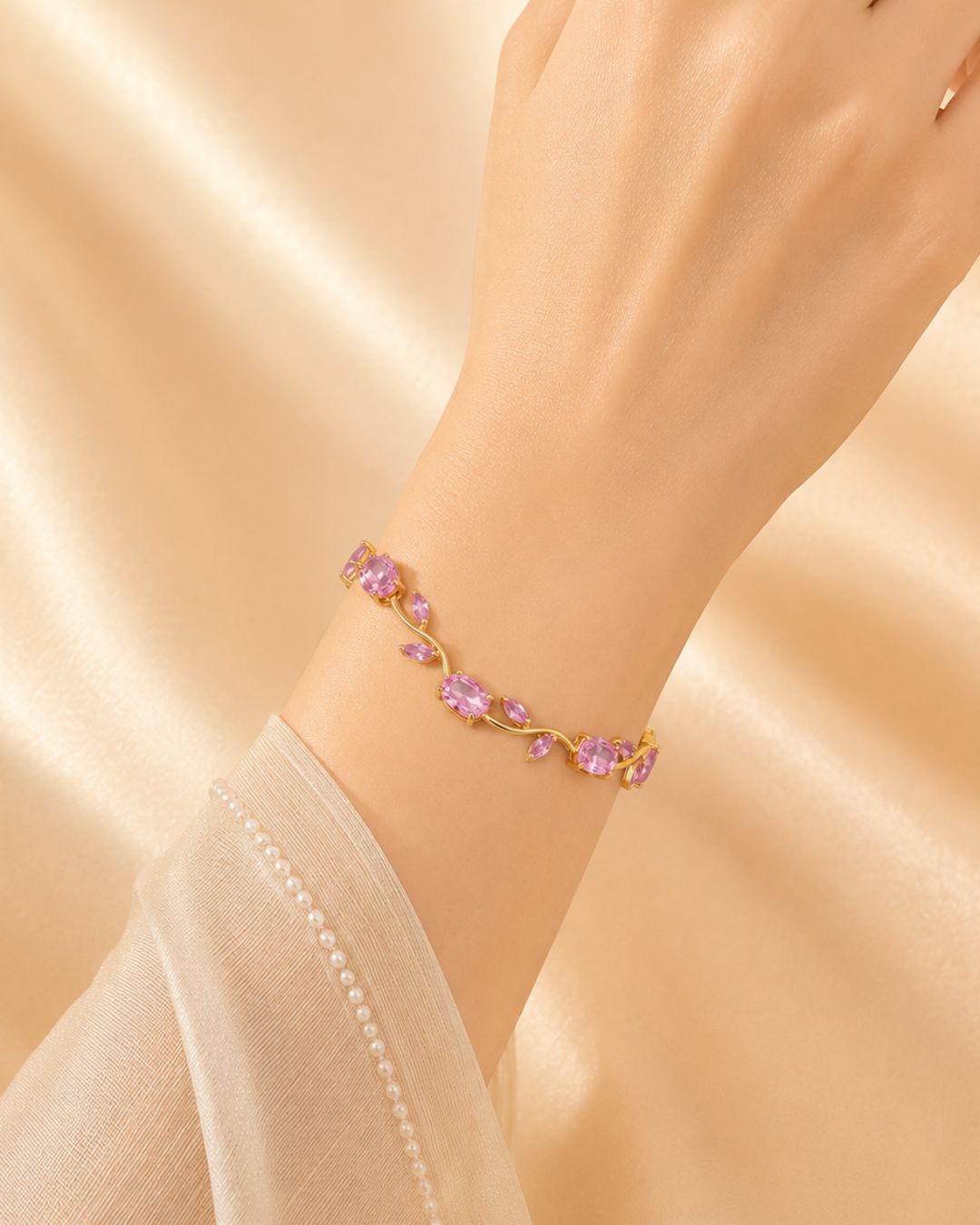 Gold Tone Tulip Crystal Bracelet with Floral Vine Design