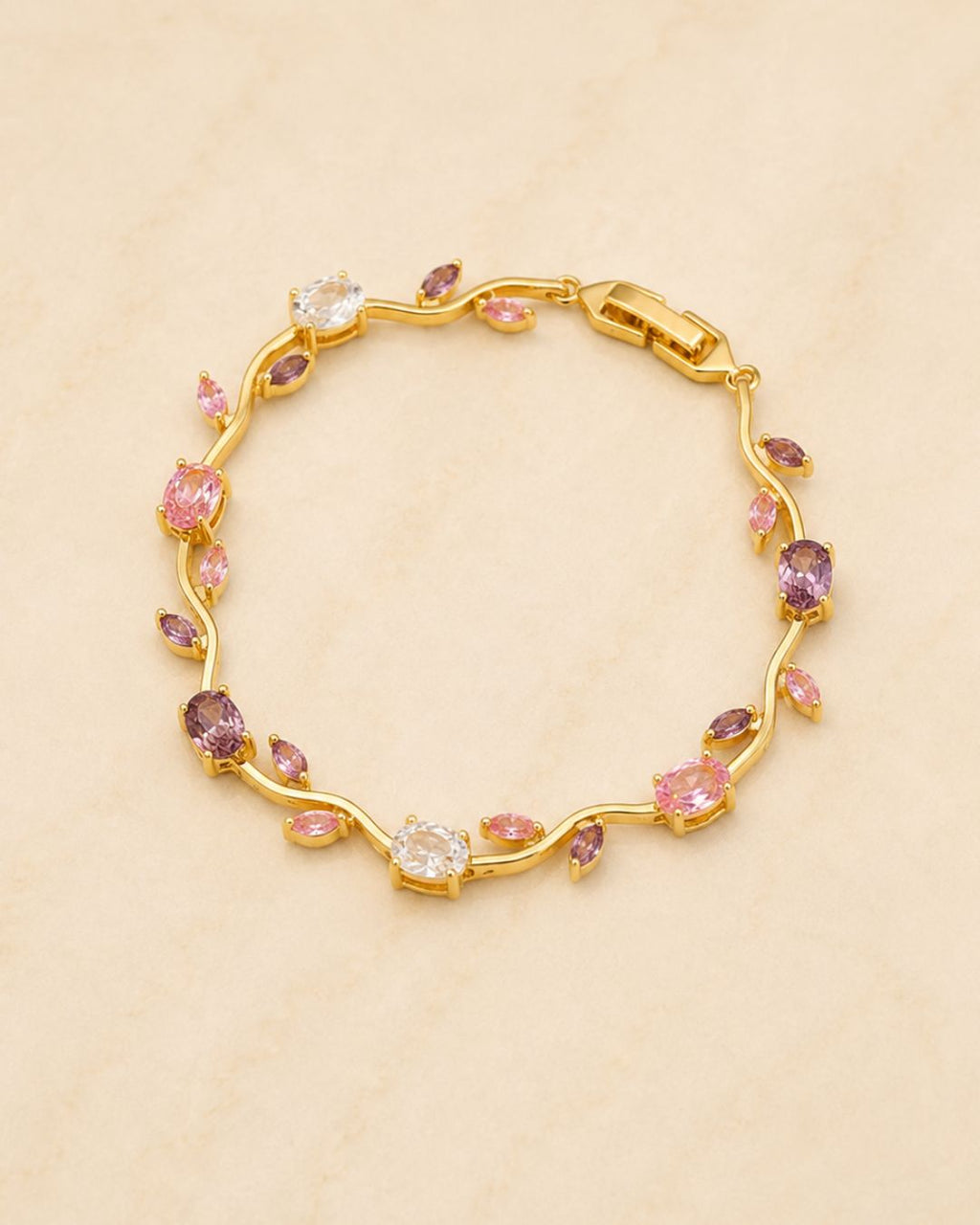 Gold Tone Tulip Crystal Bracelet with Floral Vine Design