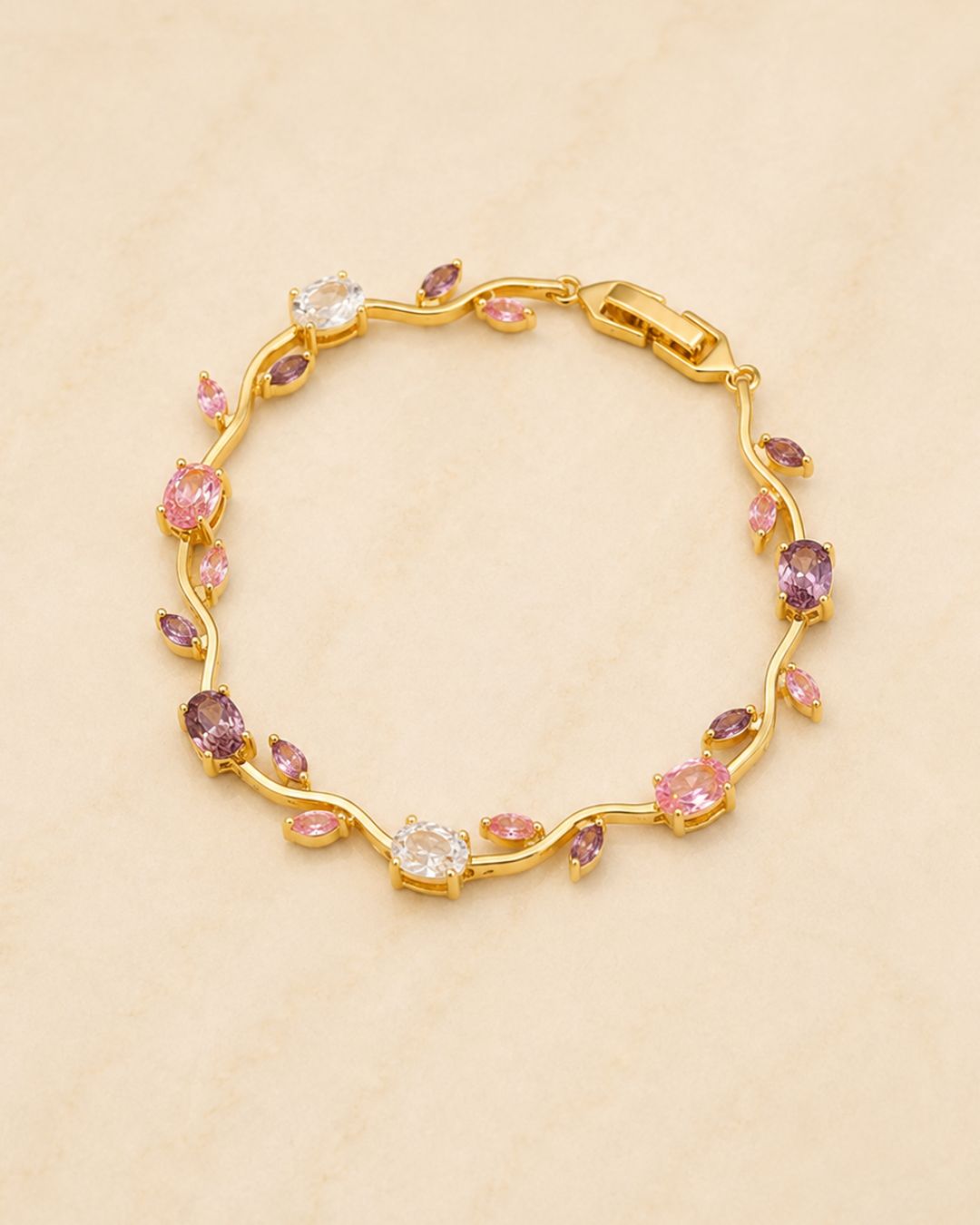 Gold Tone Tulip Crystal Bracelet with Floral Vine Design