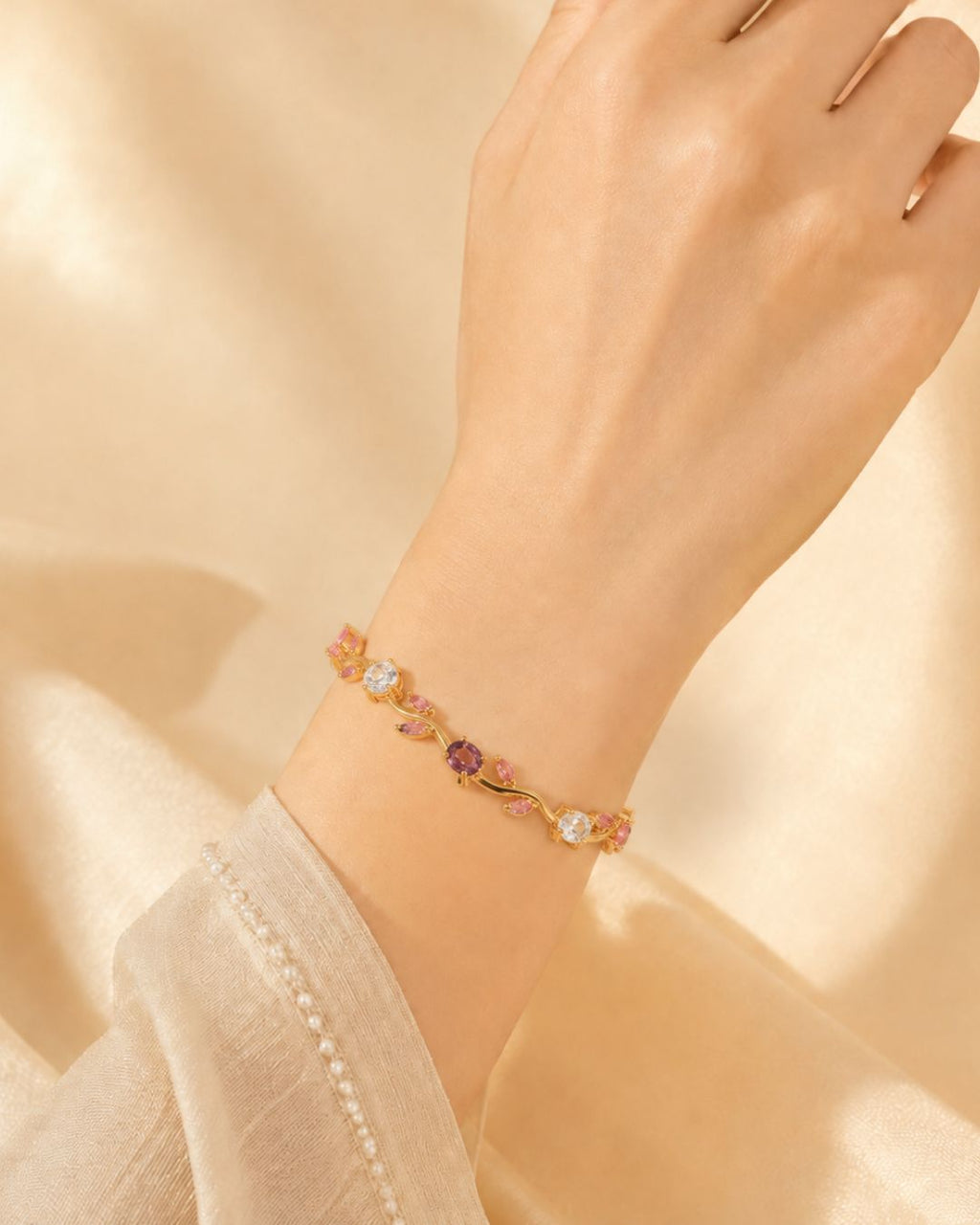 Gold Tone Tulip Crystal Bracelet with Floral Vine Design
